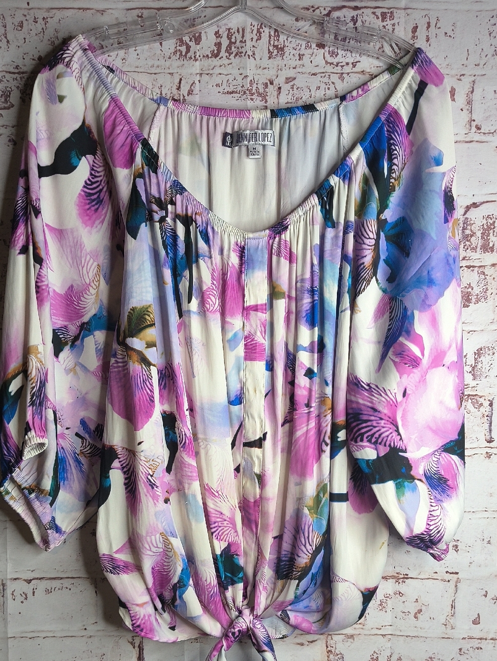 Pullover White with Pink & Blue Print J Lo Women's Floral Tie-Hem Blouse